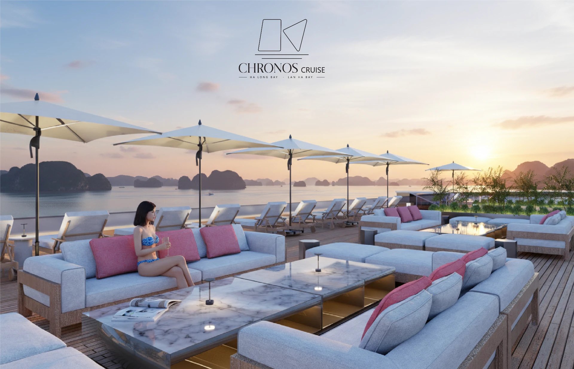 Sky Bar — khu sofa ngoài trời nhìn ra vịnh