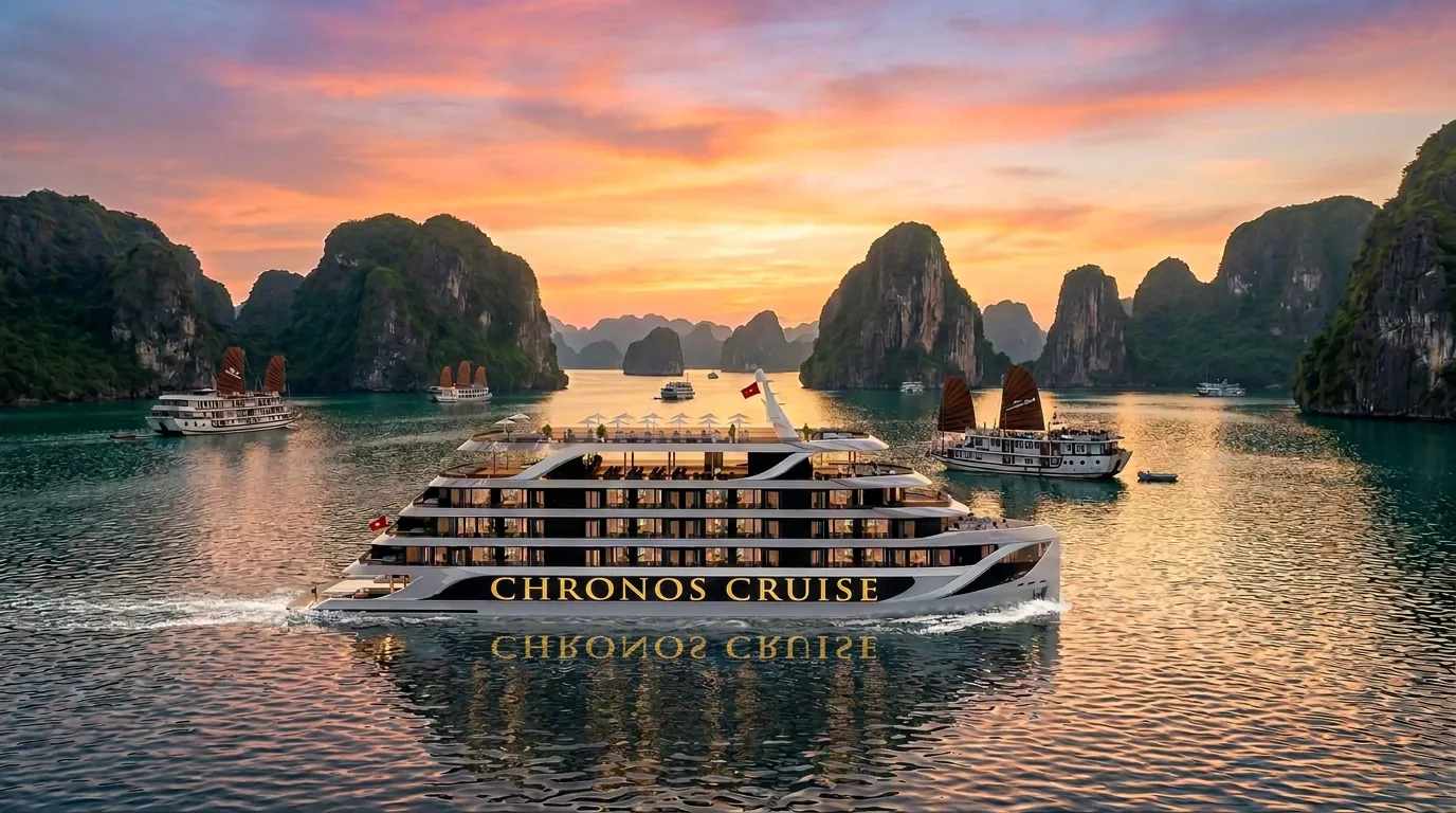 Chronos Cruise sailing across the bay at sunset