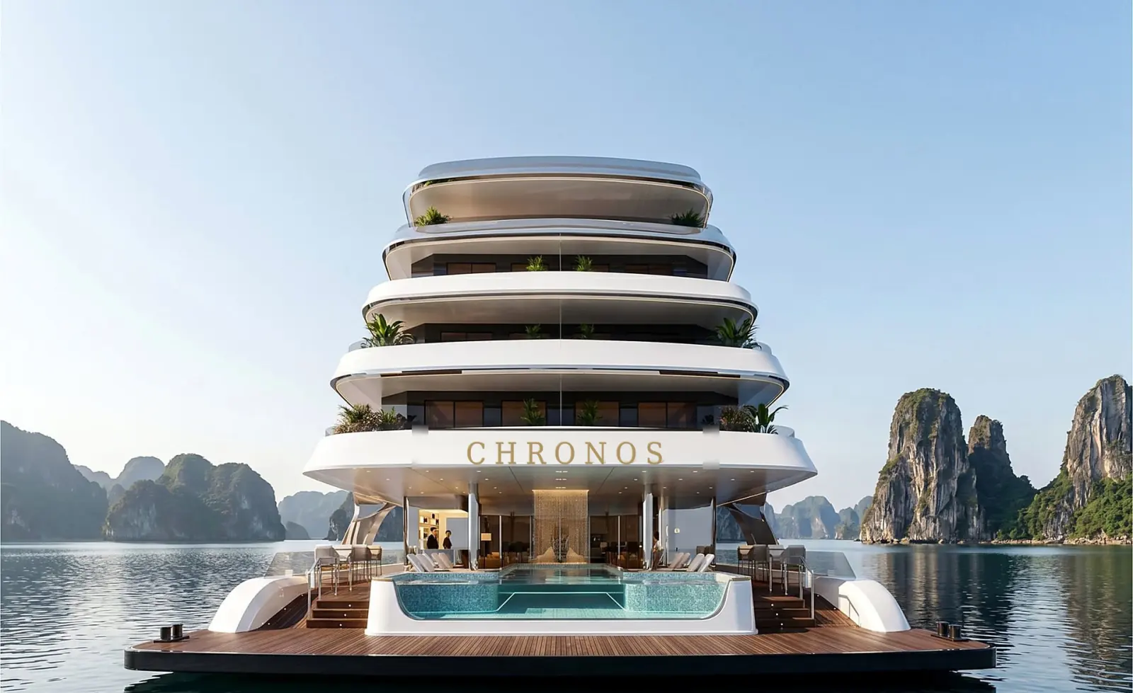 Stern view of Chronos Cruise with the ship name