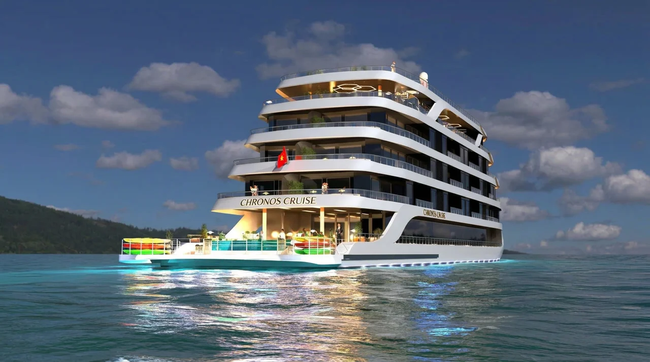 Bow of Chronos Cruise cutting through calm water