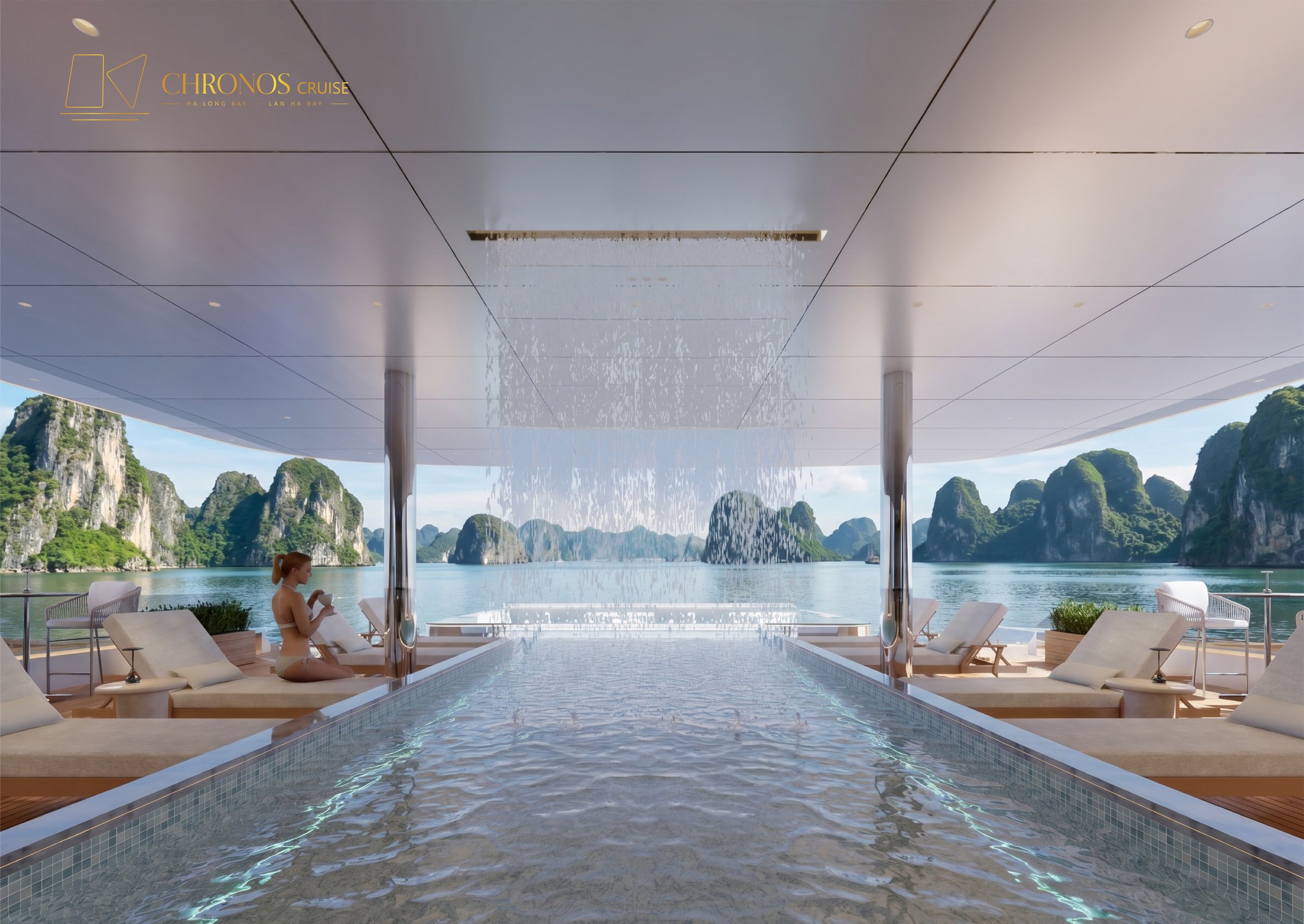 Infinity pool with rain curtain overlooking Lan Ha Bay