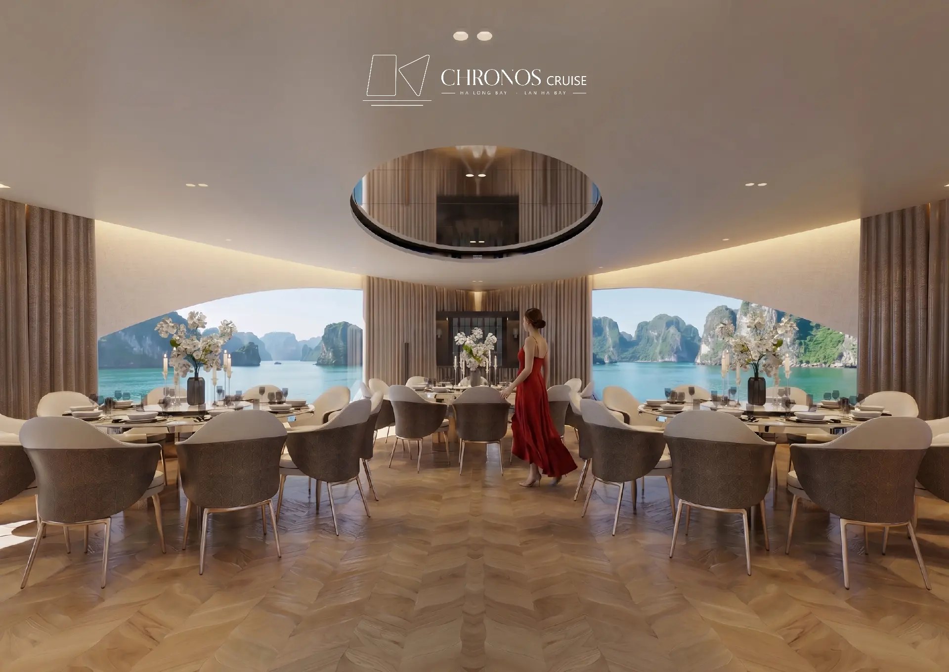Panorama Function Room — sảnh tiệc bàn tròn nhìn ra vịnh